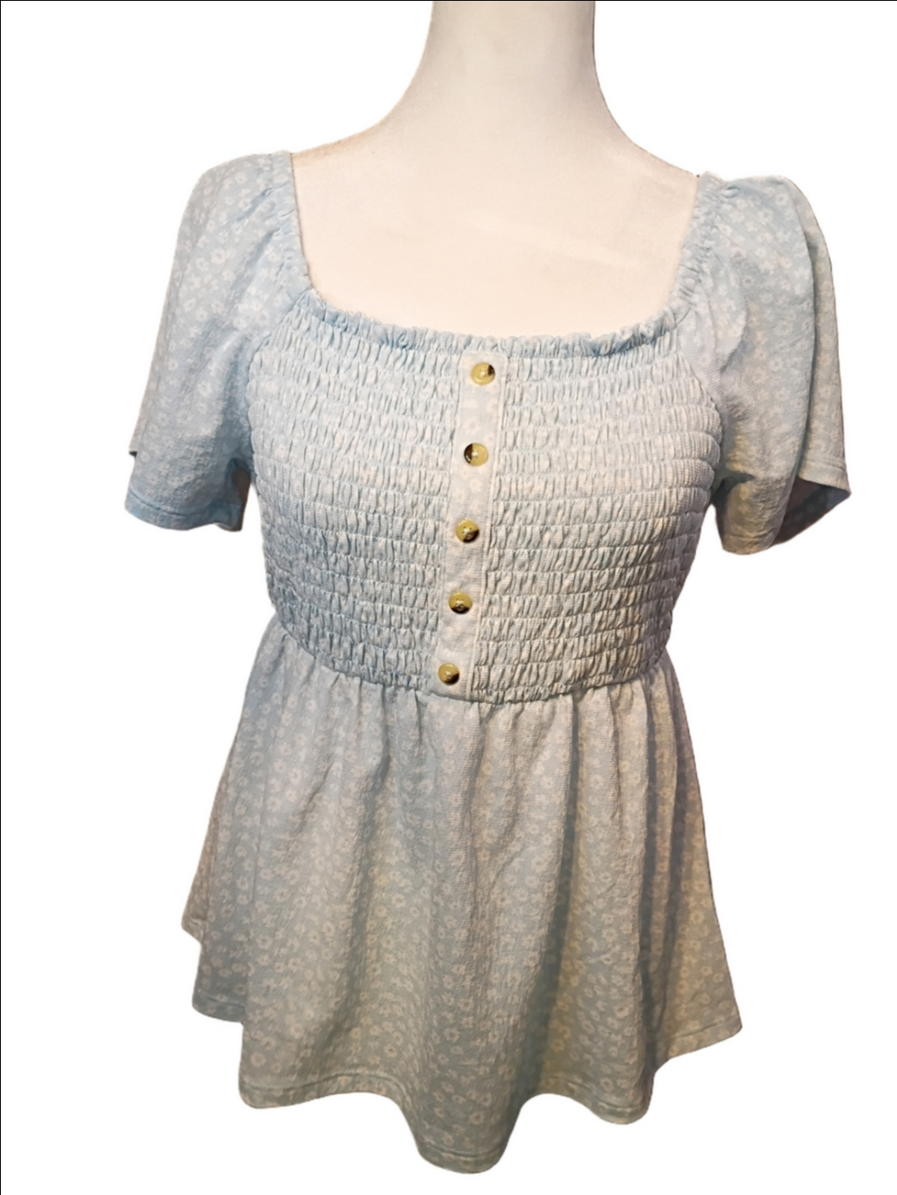 No Boundaries Light Blue Shirred Floral Peplum Babydoll Top Size Large (11-13)